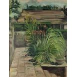 British 20th Century, Landscaped Garden Patio, Oil on board, 30" x 22.25" (76cm x 56cm)