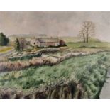 ƚ J TATA ? (British 20th Century) View to a small hamlet, Oil on canvas, Signed and dated '75? lower