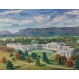 B. ROWE (20th Century) Palais de Nations Geneva, Oil on canvas, Signed and dated '79 lower left,