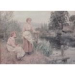 Henry John Yeend KING (British 1855-1924) Two young woman resting by a river, Colour print, 6.25"