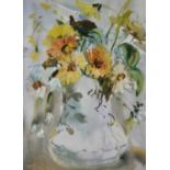 Mary TEW (Mid 20th Century) Golden Flowers, Watercolour, titled on artist label verso, 12.5" x 9.25"