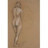 ƚ Hyman SEGAL (British 1914-2004) Standing Nude, Black and white chalk on buff paper, Signed lower