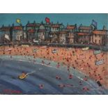 ƚ James DOWNIE (British b. 1949) 'St. Ives' - busy Beach scene, Oil on canvas, Signed, titled &