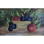 H LANG (Early 20th Century) Apples and Plums Still Life, Oil on paper, Signed lower left, 7" x 10.