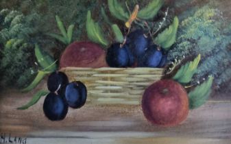 H LANG (Early 20th Century) Apples and Plums Still Life, Oil on paper, Signed lower left, 7" x 10.