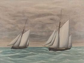 Late 19th / Early 20th Century, Two Sloops under full sail, Oil on board, 12.5" x 16.25" (31cm x