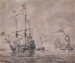 Ludolf BAKHUISEN (Dutch 1630-1708) Dutch Men-o-War making Sail in a fresh Breeze, Pen, grey ink