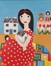 ƚ Alison ROSS (British 20th/21st Century) Young Girl in Polka Dot Dress with her Toys, Acrylic on