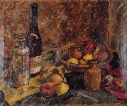 20th Century Still Life - Fruit and Wine Bottle, Oil on canvas, 19.5" xx 23.5" (49cm x 59cm)