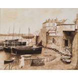 ƚ Andrew WATTS (British b.1947) 'Newlyn (circa 1900)' - figures by the harbour, Pair giclee
