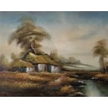 MILLER (Early / Mid 20th Century) Thatched stone building by a river, Oil on canvas, Indistinctly