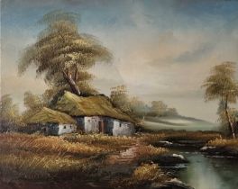 MILLER (Early / Mid 20th Century) Thatched stone building by a river, Oil on canvas, Indistinctly