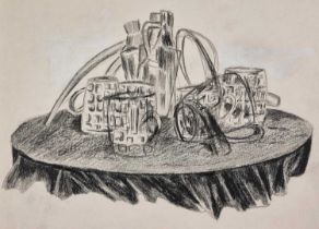 Vaughan ALLEN (British b. 1952) Glasses and Carafe Still Life, Graphite on paper, titled, signed and