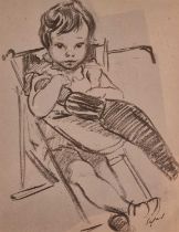 ƚ Hyman SEGAL (British 1914-2004) Child in a Pram, Charcoal on paper, Signed lower right, 12" x