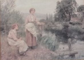 Henry John Yeend KING (British 1855-1924) Two young woman resting by a river, Colour print, 6.25"