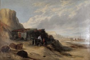 Newlyn School / English School, Coastal Scene with two men working on fishing nets and lobster