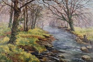 Jean BADHAM (British 20th Century ) Spring time River Avon, Oil on board, Signed lower left,