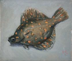 Robert JONES (British b. 1943) Plaice, Oil on board, Signed with initials lower right, titled and