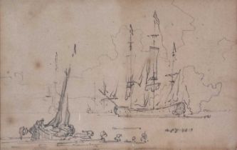 Willem III Van de VELDE (Dutch 1667-c.1710) Shipping at Low Water, Pencil drawing, 4.25" x 7" (