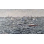 ƚ Elsie May BARRETT (British 1915-1989) Small Craft in Poole Harbour, Oil on board, Signed lower