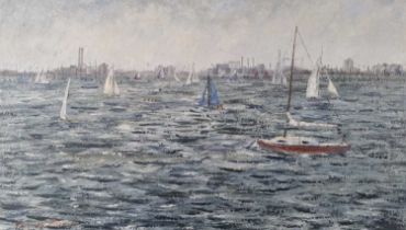 ƚ Elsie May BARRETT (British 1915-1989) Small Craft in Poole Harbour, Oil on board, Signed lower