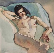 Ken SYMONDS (British 1927-2010) Reclining Nude, Colour print, 10" x 10 (25cm x 25cm)