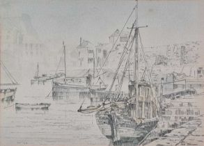 ƚ Bob JOHNSON (British 20th Century) Possibly Mevagissey Harbour, Colour print, Indistinctly