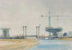 ƚ Colin ALLBROOK (British b. 1954) Construction of the Torridge Road Bridge, Watercolour, Signed