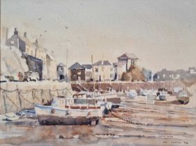 ƚ Jon HARRY (British 20th / 21st Century) Harbour Scene, Low Tide, Watercolour, Signed and dated '98