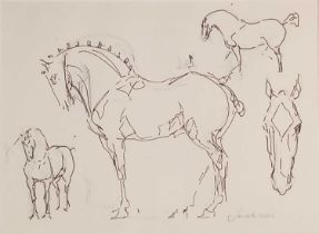 ƚ Heather JANSCH (British 1948-2001) Horse Studies, Ink drawing, Signed and dated 2002 lower