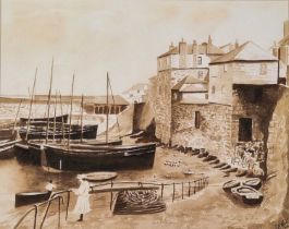 ƚ Andrew WATTS (British b.1947) 'Newlyn (circa 1900)' - figures by the harbour, Pair giclee