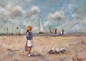 ƚ John AMBROSE (British 1931-2010) St Ives Bay - Girl with yellow sun hat, Oil on board, Signed