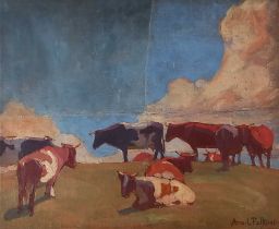 Anne L Falkner (British 1862-1933) Cattle in a field, Oil on board, Signed lower right, 19" x 23" (