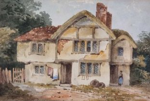Late 19th / Early 20th Century Wash Day, woman outside a cottage, Watercolour, 7" x 10.25" (17cm x