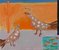 Janet LYNCH (British b. 1938) Two Birds with Cactus (New Mexico), Oil on canvas, titled and signed