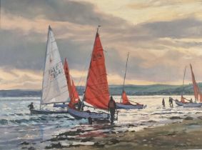 Geoffrey HUBAND (British b. 1945) Evening Sail, Marazion, Oil on canvas, Signed lower right, titled,