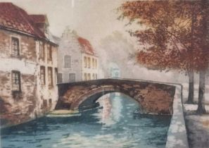 P HOLIDAY ? (19th / 20th Century) Bruges Pont du Cheval, Engraving, Signed in pencil lower right, 6"