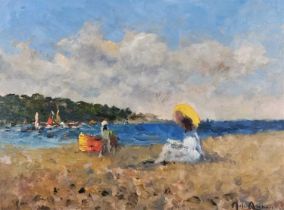 ƚ John AMBROSE (British 1931-2010) The Yellow Parasol, Oil on board, Signed lower right, 11" x 15.