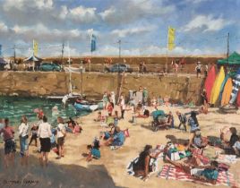 Geoffrey HUBAND (British b. 1945) The Beach, Mousehole, Oil on canvas, Signed lower left, titled and