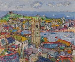 ƚ Linda WEIR (British b. 1949) Precious Town, St Ives Little Grey Cloud, Oil on canvas, Signed