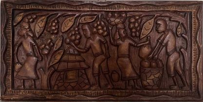 West African wooden carved frieze featuring fruit harvesting, 11.5" x 23" (29cm x 58cm)