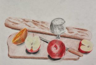 Vaughan ALLEN (British b. 1952) Baguette, Glass, Apples, Orange, Knife, Breadboard - Still Life,