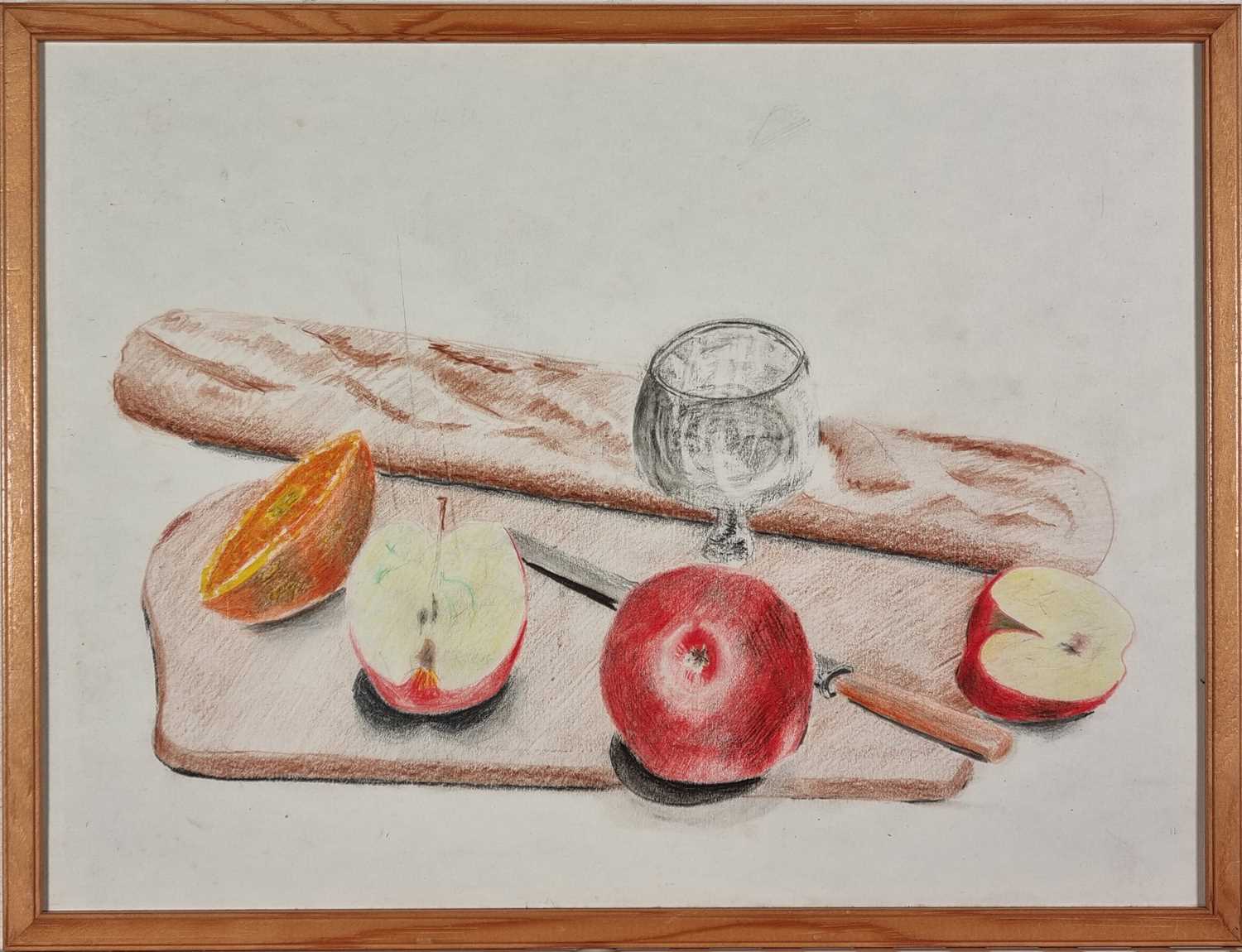 Vaughan ALLEN (British b. 1952) Baguette, Glass, Apples, Orange, Knife, Breadboard - Still Life, - Image 2 of 3