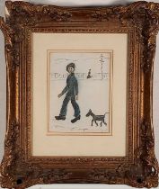 Manner of Laurence Stephen LOWRY, Man and dog, Crayon drawing, 6.25" x 4.75" (16cm x 12cm)