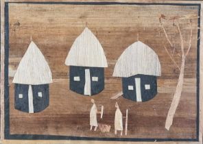 Two works on Papyrus, Three Huts and a Tree, 7.25" x 10" (18cm x 25cm) and Three Huts and a Tree,