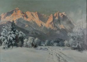 ƚ Wilhelm NEUMAYER - MINCHEN (German 1912-1991) Winter Morning Near Garmisch, Oil on canvas,