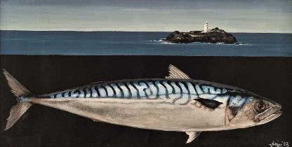 Janine WING (British b. 1979) Godrevy Lighthouse & Mackerel, Acrylic on board, Signed and dated '