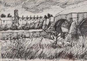 ƚ R W COLLINGHAM (British 20th Century) A Bridge over the River, Ink drawing, Signed and dated 13.