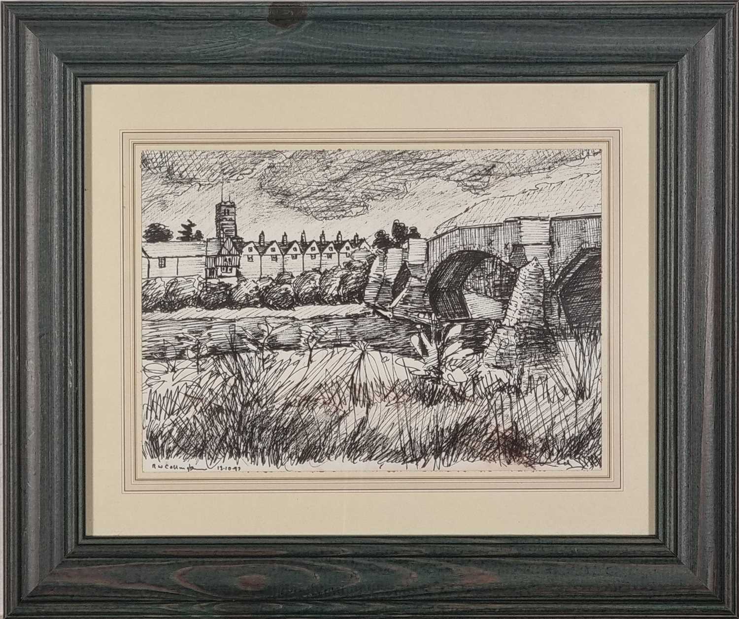 ƚ R W COLLINGHAM (British 20th Century) A Bridge over the River, Ink drawing, Signed and dated 13. - Image 2 of 3
