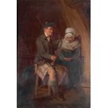 Scottish School 19th Century, A Ghillie playing bagpipes to seated woman, Oil on panel, 13.25" x